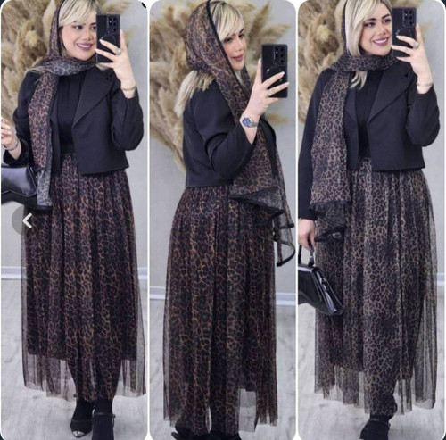 ست کت دامن و شال پلنگی زنانه